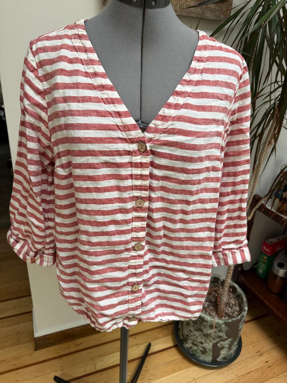 Rachel Zoe 100% Linen Striped V-Neck Button Front Top - L